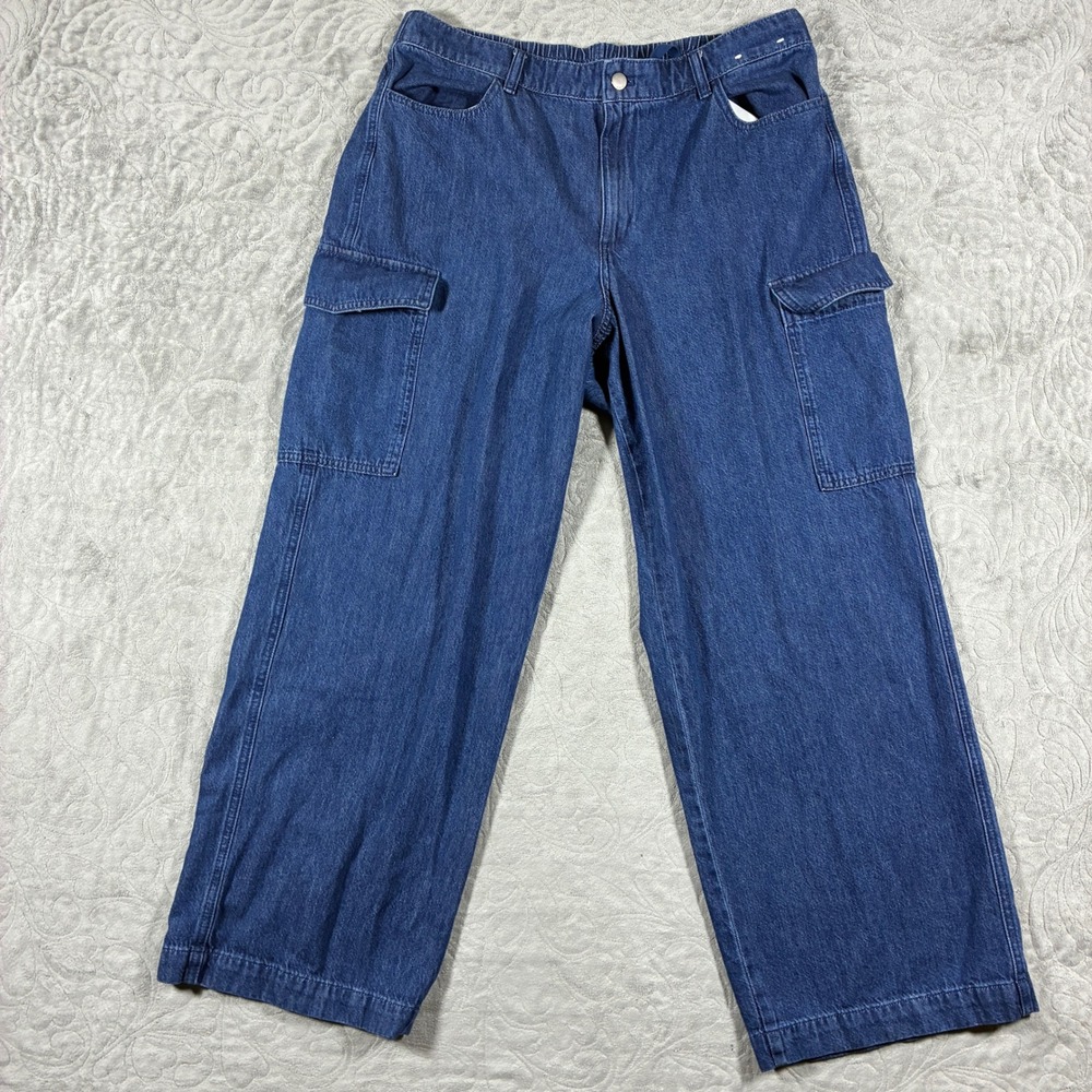 Uniqlo Womens Wide Leg Cargo Jeans XL Blue Denim Pants Utility Streetwear